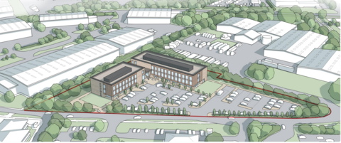 An artist's impression of a medical centre, on an industrial estate, showing a brown building, surrounded by grey buildings, with parking spaces.