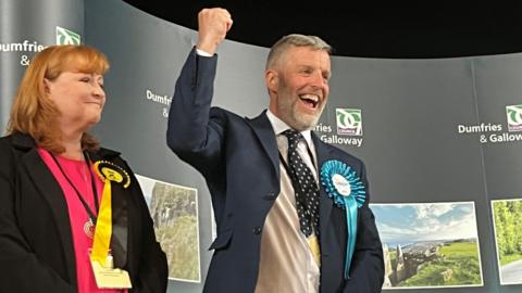 Finlay Carson punches the air in celebration - he has short, grey hair and a grey beard and is wearing a navy jacket with a black and white tie and white shirt with a blue rosette. Next to him is Emma Harper with red hair, black jacket, pink t-shirt and yellow and black rosette.