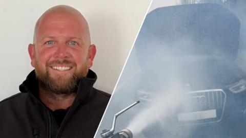 Split image of Jack McDermott, a man with a shaved head and short beard, wearing a black jacket with a high collar, alongside an image of an audi with its bonnet up and a jet wash spraying it with water 
