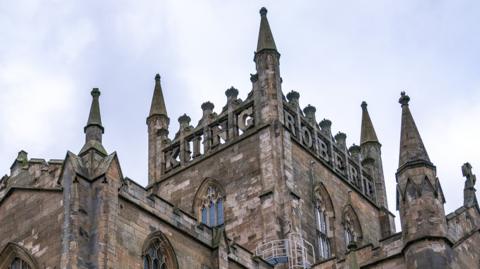 The parapet marking King Robert the Bruce at the Abbey Church of Dunfermline in Fife.