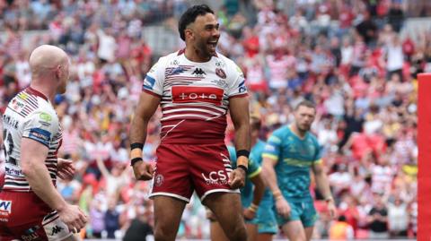 Bevan French celebrates his try for Wigan Warriors in the 2026 Challenge Cup final at Wembley Stadium