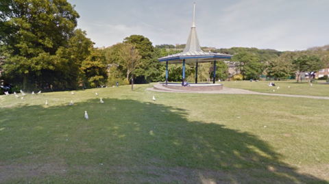 A public park with lots of seagulls. There is also a pavilion.