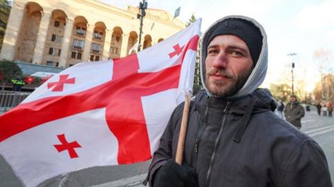 A protester wearing a jacket, hat and gloves, and carrying a Georgian flag, stands outside parliament
