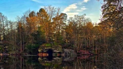 Trees, rocks and caves around a lake.