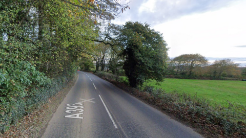 A street-view of the A393 between Lanner  Lanner and Ponsanooth. To the left of the road are hedges and on the right is a green field, with a short hedge separating it from the road.