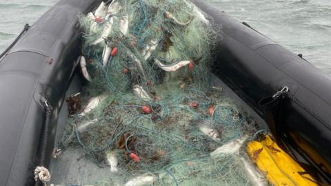 A net with many trapped fish in it on a black RIB at sea.