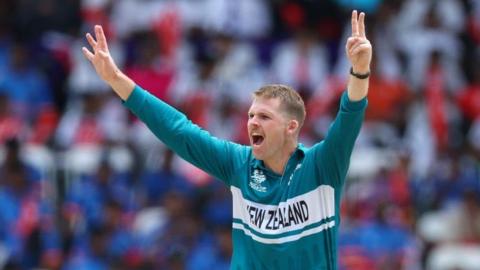 New Zealand bowler Lockie Ferguson celebrates taking a wicket