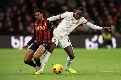 Amine Adli and Trevoh Chalobah compete for a ball in midfielder for Bournemouth and Chelsea respectively