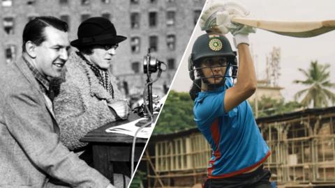 Left: Pioneer Marjorie Pollard commentating on a women's cricket game in the 1930s Right: A modern day girl playing cricket