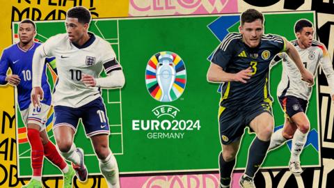 Kylian Mbappé, Jude Bellingham, Andy Robertson and Jamal Musiala in action in front of the UEFA Euro 2024 logo