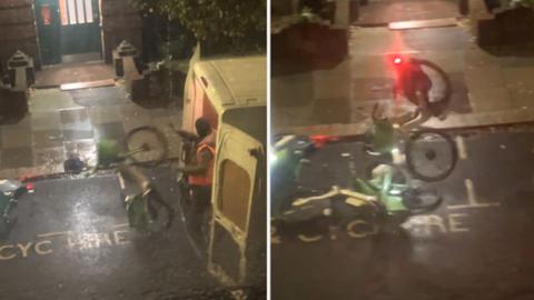 (L) A man in a high vis throws a green bike to the floor from a van – a bike is thrown into a pile of Lime Bikes. 