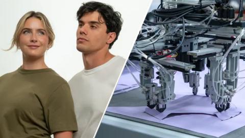 Spit pic, the first of a blonde female model wears a green t-shirt and a dark-haired male model wears a white t-shirt. The second, of a machine manipulates a piece of cloth. Six pincers have picked up the lilac-coloured textile which has a pattern cut into it.