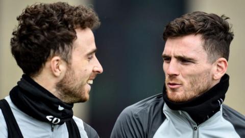 Jota and Andy Robertson at Liverpool training in February 2022