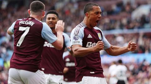 Youri Tielemans celebrates after scoring for Aston Villa in the Premier League