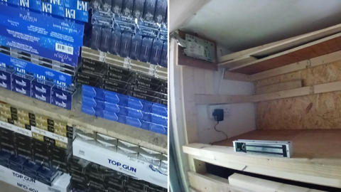 A composite image shows packets of cigarettes and a shelving unit.