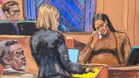 Sean "Diddy" Combs watches as his former girlfriend Casandra "Cassie" Ventura reacts during testimony to prosecutor Emily Johnson before U.S. District Judge Arun Subramanian at Combs' sex trafficking trial 