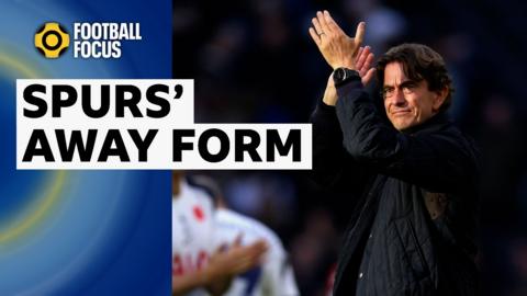 Thomas Frank applauds the Spurs fan in a black jacket next to a caption saying, Spurs' away form.