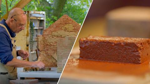 Split image of Steve from The Repair Shop working on a miniature watermill (left) and a mini brick created by Steve (right) to repair it