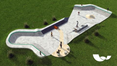 A digital image of a skate park, there are ramps around the outside of the mostly grey bowl. Some seating is on the lower left. The structure is surrounded by green grass. Several people are in various positions around the park.