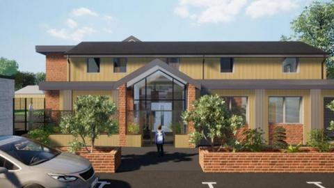 Artist’s impressions of the new classrooms, which feature a glass front entrance and brickwork pillars and tree and hedge planters.