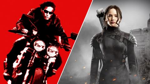 A split image of Tom Cruise in Mission Impossible and Jennifer Lawrence in The Hunger Games.