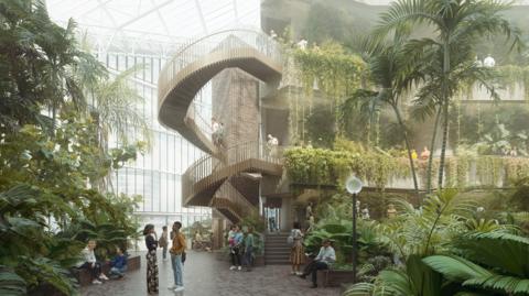Artist impression of the new Barbican Conservatory issued by City of London Corporation, showing a modern staircase, plants and people gathered on wide paths.