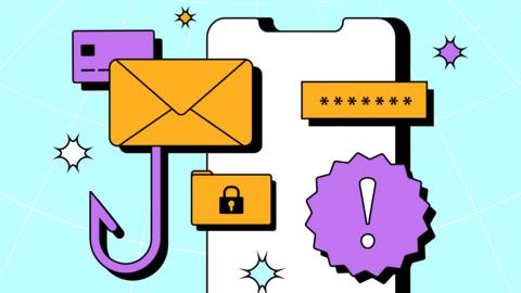 Phone, e-mail, credit card and padlock vector illustrations on mint background.