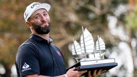 Jon Rahm celebrates winning the LIV Golf event in Hong Kong