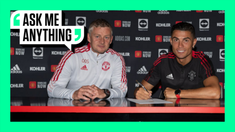 Ask Me Anything branding surrounding image of Ole Gunnar Solskjaer and Cristiano Ronaldo signing contract