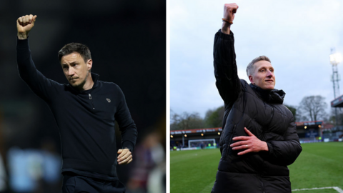 A composition image of York City manager Stuart Maynard and Rochdale manager Jimmy McNulty raising their arms in loft in celebrations after wins for their respective clubs in the National League 2025-26 title race
