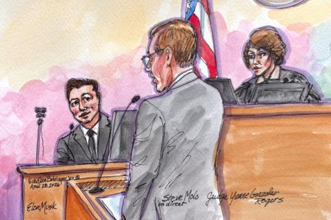 A courtroom sketchy of Judge Gonzalez Rogers listening while Musk is questioned on the stand