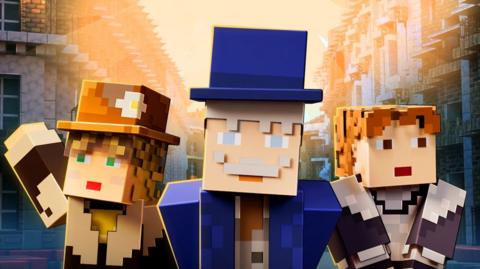 Promo image showing Charles Booth as a Minecraft character with blue top hat ane two other characters