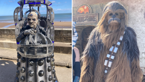 People dressed as Davos from Dr Who and Chewbacca in Scarborough