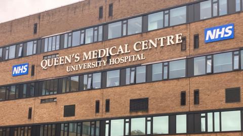 Signage on the exterior of QMC in Nottingham