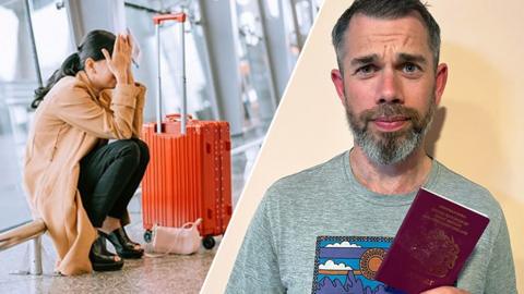 Money Box listener Simon with his passport. and stock image of a person having trouble at the airport.