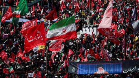 Crowds gathering for the funeral of former Iranian Supreme Leader Ali Khamenei