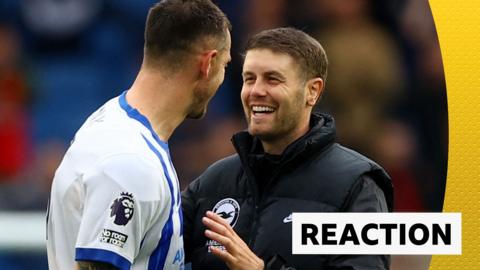 Fabian Hurzeler smiles at Lewis Dunk