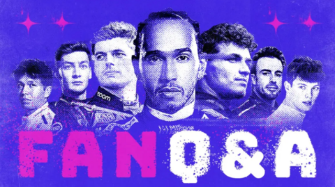 A graphic of, from left to right, Alex Albon, George Russell, Max Verstappen, Lewis Hamilton, Lando Norris, Fernando Alonso and Oliver Bearman. It is on a blue background with 'Fan Q&A' below the drivers