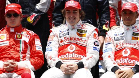 Kimi Raikkonen, Fernando Alonso and Lewis Hamilton sat alongside each other before the 2007 Brazilian Grand Prix