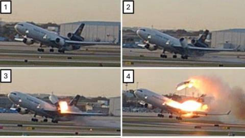 Four images showing the engine on the left wing of UPS cargo plane detach and explode on 4 November in Louisville, Kentucky