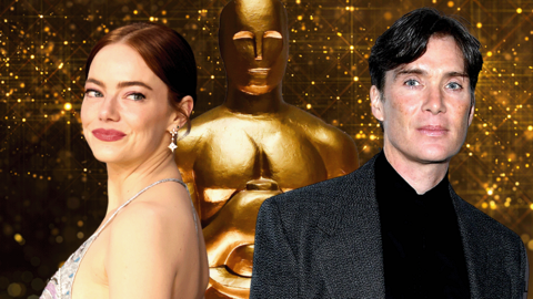 Emma Stone and Cillian Murphy with an Oscar statuette in the background