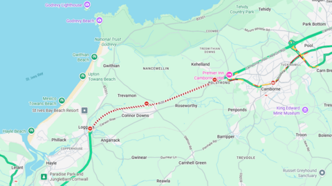 A map showing the stretch of road that has been closed, marked in red