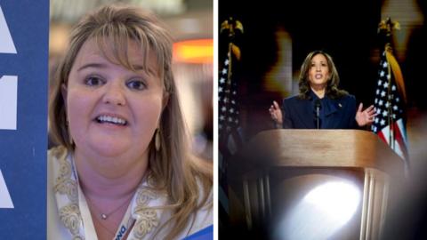 Split screen showing Harris supporter and Kamala Harris speaking at DNC