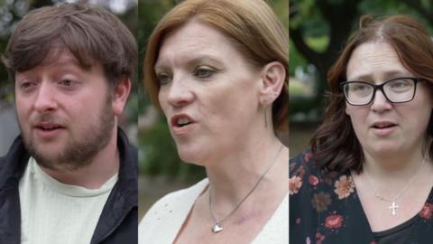 Three close-up portraits of people speaking outdoors, shown side by side