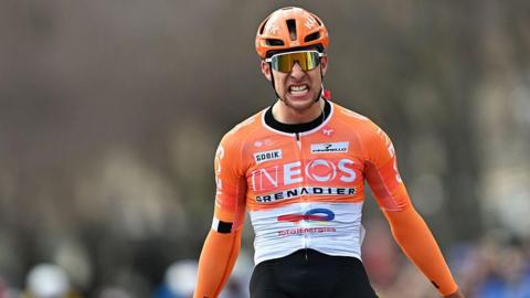 Axel Lawrence celebrates winning stage three of the Tour de la Provence
