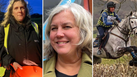 Three women in photos next to each other- one with a high vis jacket on over a black waterproof, one in the middle smiling with a green jacket and one jumping a bush on a horse