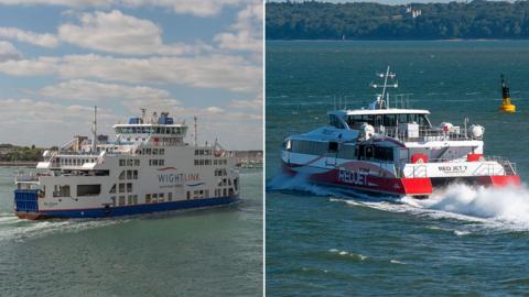 Two ferries, one Wightlink and one RedJet in the Solent