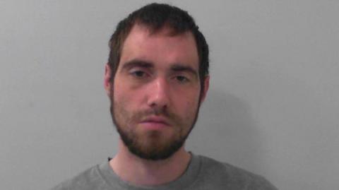 A man with brown hair and beard and wearing a grey sweater looks into the camera showing no emotion.