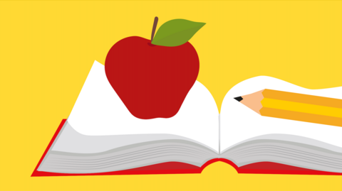 An illustration of an apple on top of an open book.