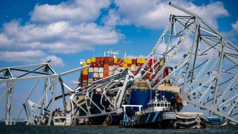 A tugboat near the M/V Dali in the Patapsco River in Maryland just days after the collision took place. 